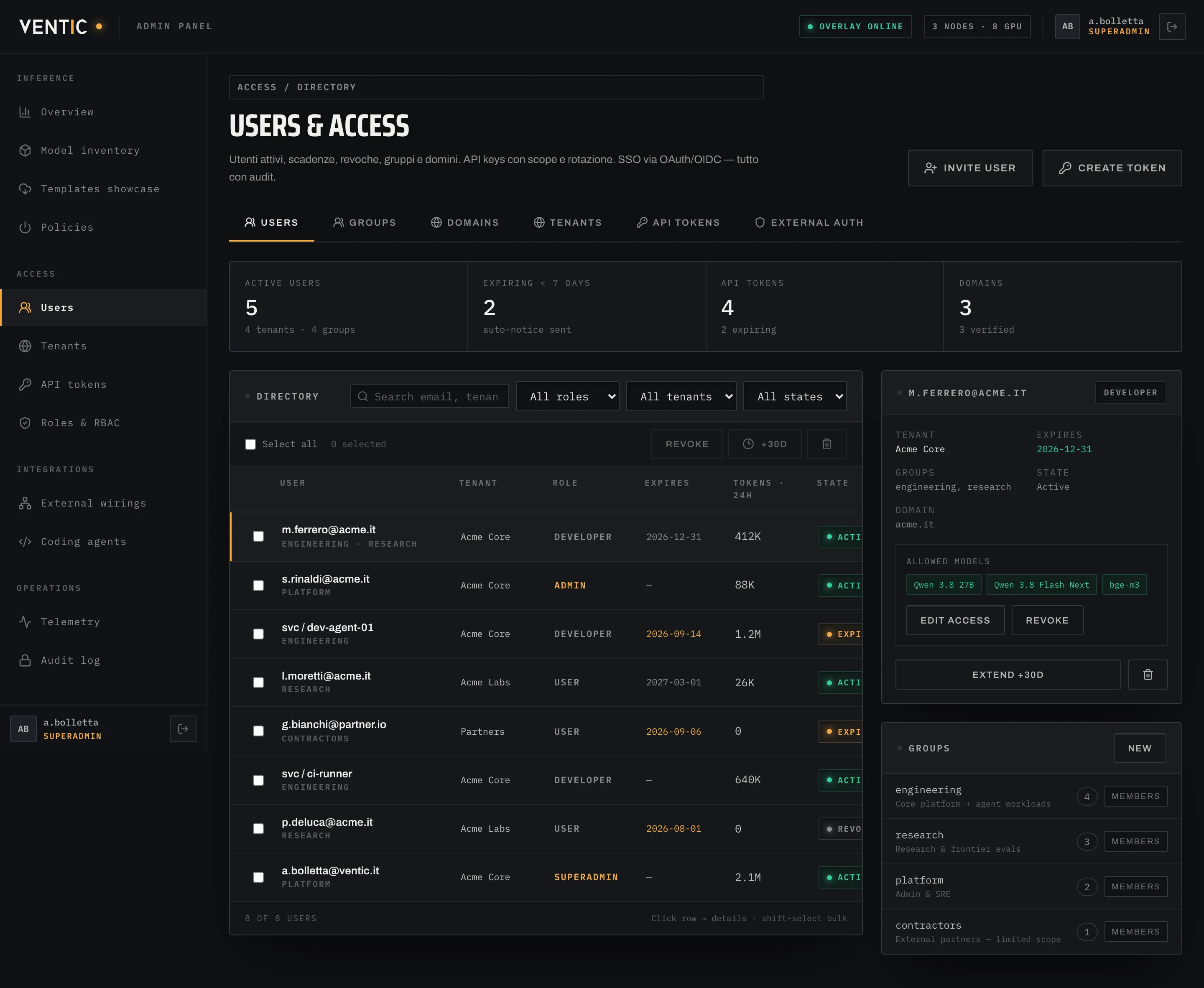 Utenti e accessi: utenti con tenant, ruolo, scadenza e consumo token, pannello provider di autenticazione e tabella API key.