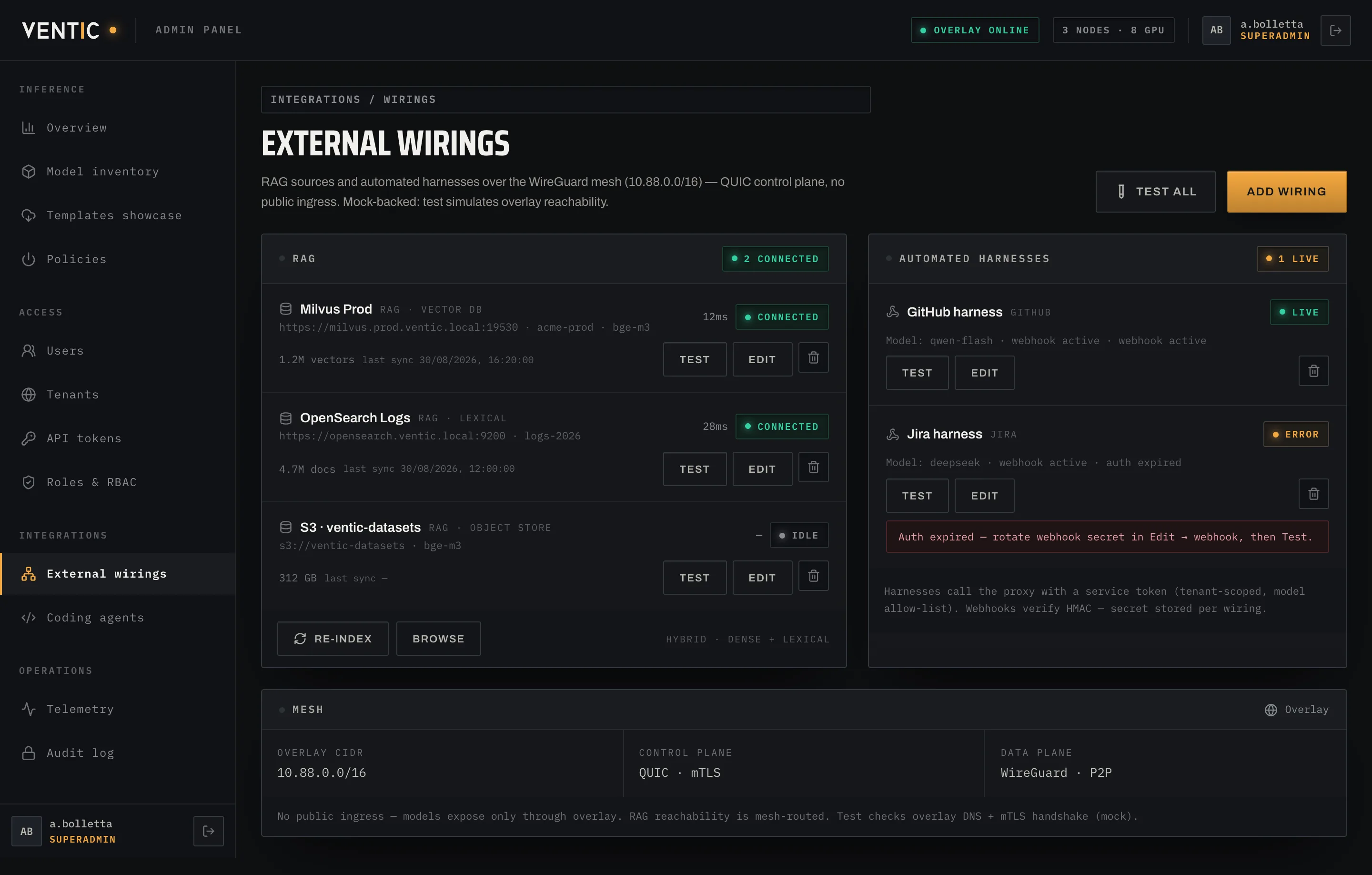 Wiring esterni: connettori RAG, stato componenti, harness agentici e configurazione coding agent.