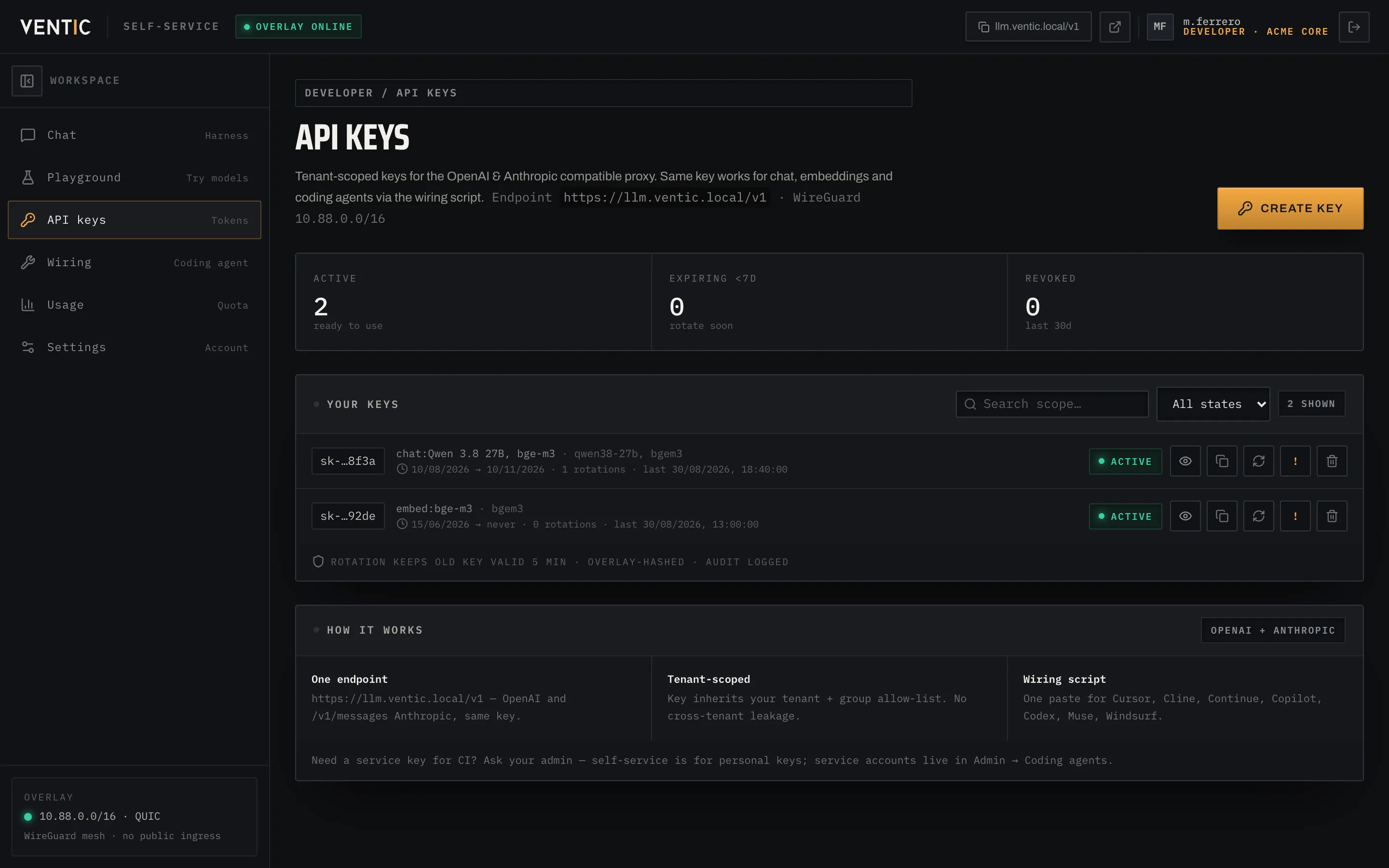 Self-service API keys: lista chiavi personali con scope, scadenza e pulsanti ruota, revoca, elimina.