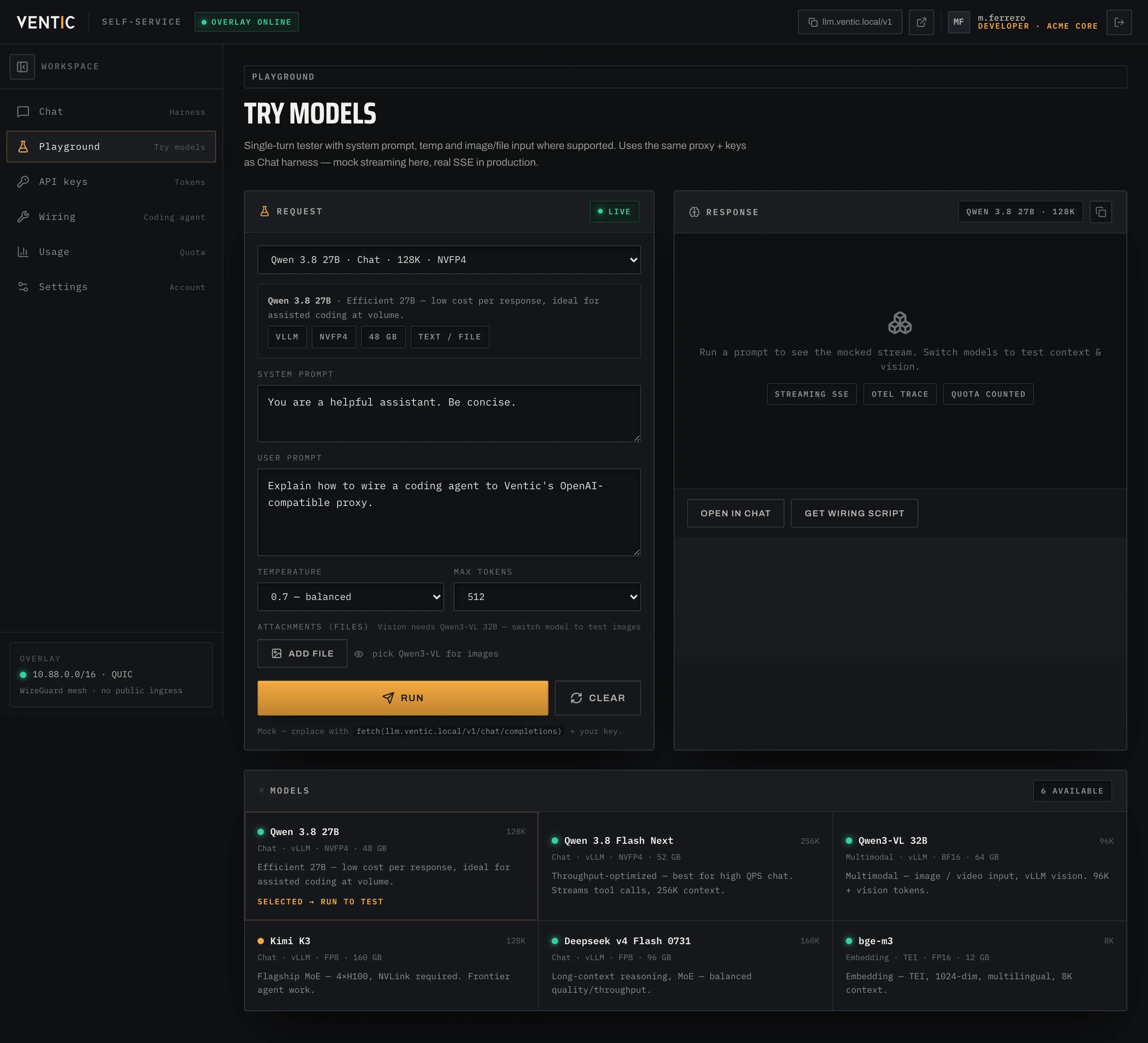 Playground: form richiesta con modello, system prompt e allegati, e pannello risposta in streaming.
