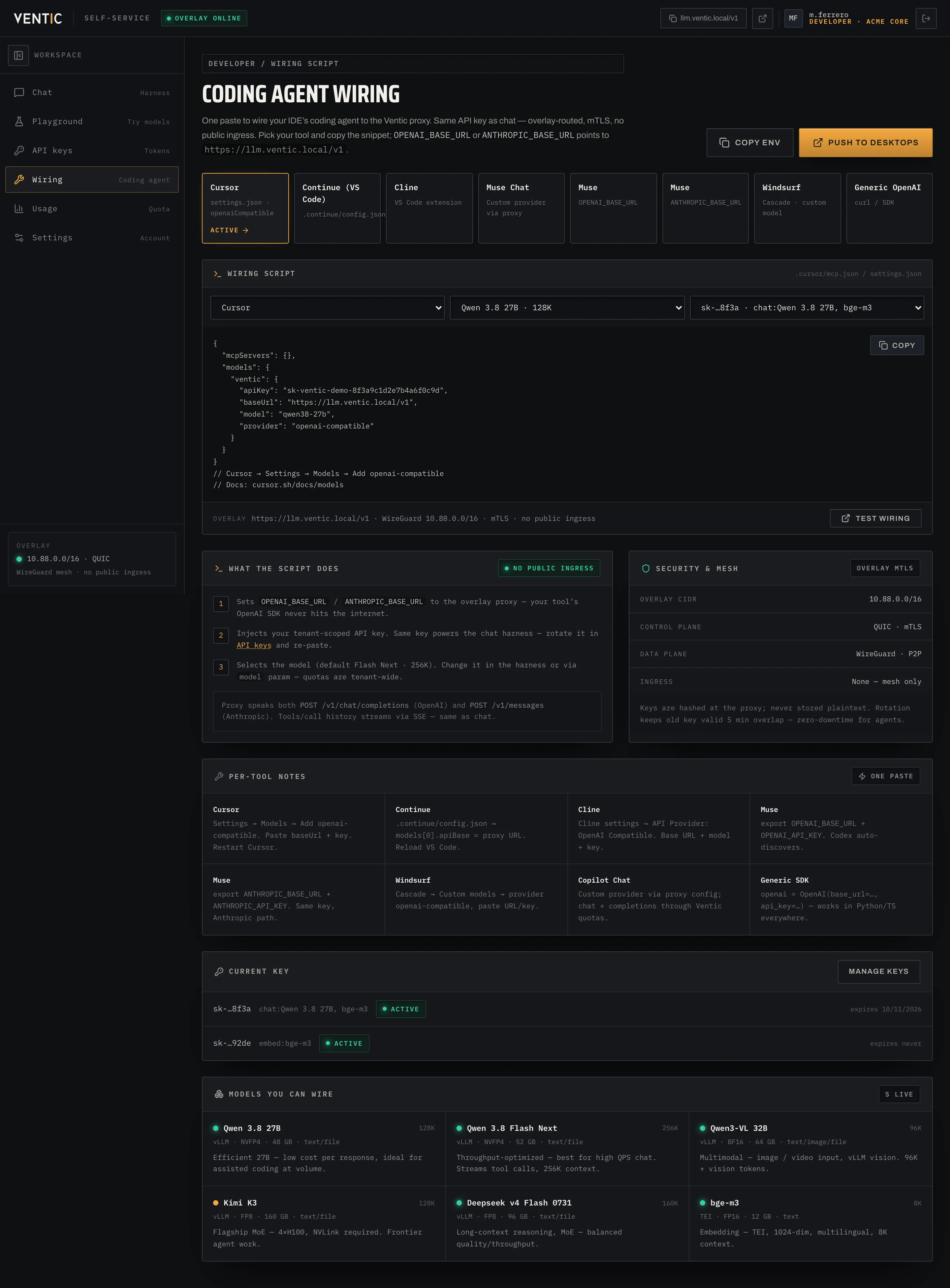 Self-service wiring: selettore tool, modello e chiave, snippet copiabile e griglia preset per IDE.